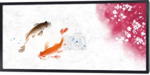 Para karpi koi pływających pod różowym kwitnącym drzewem sakura. Tradycyjne orientalne malowanie atramentem sumi-e, u-sin, go-hua na papierze ryżowym. Hieroglify - cisza, spokój, klarowność, harmonia.