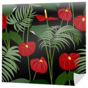 Wektor wzór tropikalnej dżungli z liści palmy i kwiaty anturium