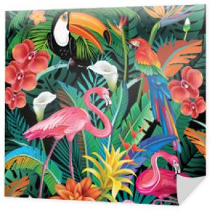 Kompozycja tropikalnych kwiatów i ptaków