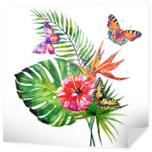 piękne tropikalne liście palmowe i kwiaty, akwarela
