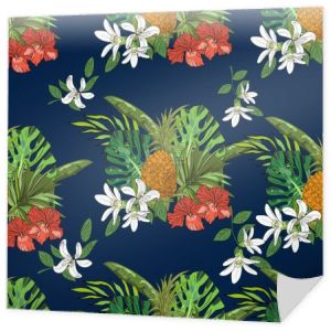 Tropikalny wzór, ananasy, monstera liści, liście palmowe wentylator, na ciemnym niebieskim tle. Ilustracja.