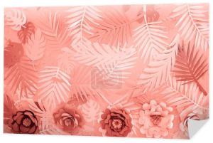 płaski lay z Coral tropikalnych papieru cięte liści palmowych i kwiatów, minimalistyczne tło
