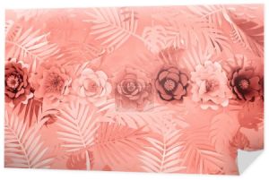 płaski lay z Coral tropikalnych papieru cięte liści palmowych i kwiatów, minimalistyczne tło