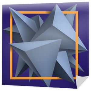 Objętość kształtów geometrycznych, niebieskie kryształy 3d na fioletowym tle. Kompozycja obiektu streszczenie niskie wielokąty. Jasny pomarańczowy kwadrat ramki. Forma projektu wektorowego