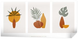 Zbiór abstrakcyjnych kompozycji botanicznych wektor ilustracja płaskie. Modny kolaż z elementami egzotycznych liści palmowych dla eko-projektu na na białym tle. Nowoczesna sztuka minimalistyczna.