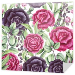 Jednolity wzór liści akwareli, różowych i czarnych róż