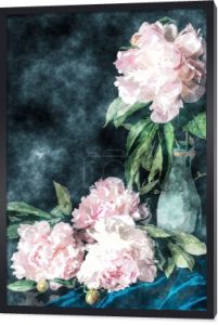 malowane jasno różowe kwitnące kwiaty w pobliżu wazon na czarnym 