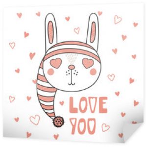 Ręcznie rysowane wektor portret ładny zabawny króliczek z oczami w kształcie serca, romantyczny cytat. Pojedyncze obiekty na białym tle. Ilustracja wektorowa. Koncepcja projektowa dla dzieci, karta Walentynki.