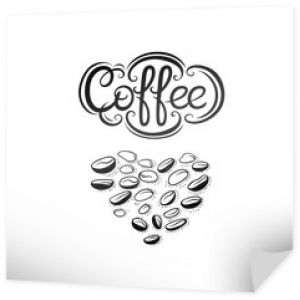 Serce z ziaren kawy i napis napis. Symbol miłości napój kawowy dla kawiarni kawiarnia lub menu. Wektor czarno-biały ilustracja na białym tle.