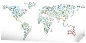 2D ręcznie rysowane ilustracja mapy świata. Kontynenty ziemi z akwarelowych liści i gałęzi. Kontynenty kolorowe na białym tle. Obraz koncepcji ekologii i środowiska.
