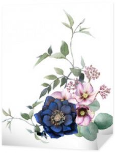 Malowniczy układ ciemnych i różowych ciemierników, gałęzi eukaliptusa i powojników ręcznie rysowane w akwareli na białym tle na białym tle. Ilustracja kwiatowy akwarela.