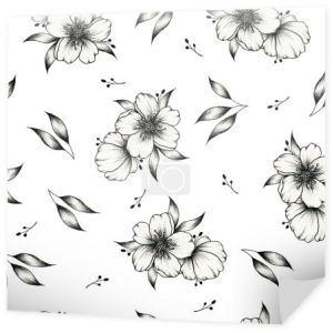 Czarno-biały grafika kwiatowy bezszwowy wzór na białym, botaniczne tło z ręcznie rysowane kwiaty, liście i gałęzie, szkic kwiatowy atrament ilustracja do ślubu stacjonarne, pozdrowienia, moda