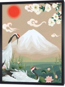 ilustracja z japońskimi żurawiami i górą