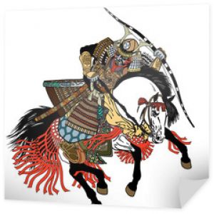 Japoński jeździec samurajski ubrany w pełną skórzaną zbroję, hełm i maskę wojenną. Jeździec łucznik Azji Wschodniej trzyma łuk. Średniowieczny azjatycki wojownik siedzący na koniu i na kucyku w galopie