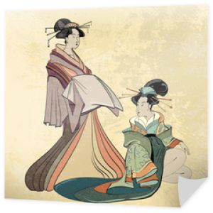 Gejsza, starożytna Japonia, klasyczna Japonka starożytny styl rysowania. Piękna japońska gejsza dziewczyna