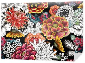 Bezszwowe azjatyckie tradycyjne wzory. Japońskie malowane kwiaty piwonie, chryzantemy, dalie