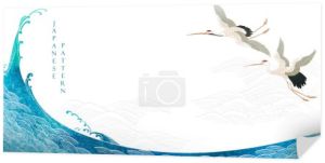Japanese background with hand drawn wave in vintage style. Art chinese landscape banner design. Water surface element. Crane birds element.