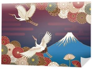 Góra Fuji, żurawie i chryzantemy kwiaty