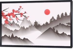 Chiński obraz krajobrazu. Orientalne azjatyckie tło z mglistymi górami i sakura kwiat gałąź wektor ilustracja azjatyckiego krajobrazu natura