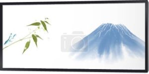 Malowanie tuszem niebieskiej modliszki siedzącej na zielonej gałęzi bambusa i niebieskiej górze Fujiyama. Tradycyjne orientalne malowanie atramentem sumi-e, u-sin, go-hua. Hieroglify - cisza, spokój, przejrzystość, wieczność