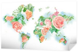 Akwarela ilustracja mapy świata w kwiaty. Szablon do projektów DIY, zaproszeń ślubnych, kart okolicznościowych, logo, plakatów, blogów, stron internetowych