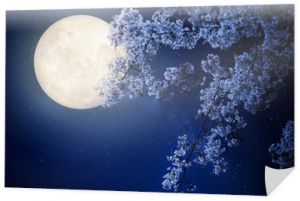 Piękny kwiat wiśni (kwiaty sakury) z gwiazdą Drogi Mlecznej na nocnym niebie, pełnia - grafika w stylu retro z klasycznym odcieniem kolorów (elementy tego księżycowego obrazu dostarczone przez NASA)
