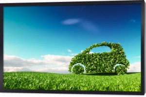 Ekologiczny rozwój samochodów, jasna ekologia jazdy, koncepcja transportu bez zanieczyszczeń i emisji. Renderowania 3D zielonej ikony samochodu na świeżej wiosennej łące z niebieskim niebem w tle.