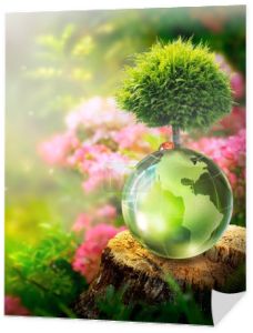 Koncepcja Dnia Ziemi lub Światowego Dnia Środowiska. Zapisz naszą planetę, przywrócenia i ochrony zielonej przyrody, zrównoważonego stylu życia i tematu umiejętności czytania i pisania w klimacie. Globus, biedronka i rosnące Drzewo na pniu w lesie.