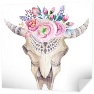 Akwarela krowa czaszka z ozdobą kwiatów i piór. Boho