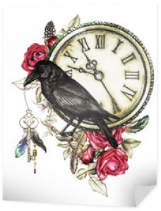 akwarela ilustracja z wroną, czerwonymi różami, zegarem, kluczami i piórami. Gotyckie tło z kwiatami. Fajny nadruk na koszulce, tatuaż. Zabytkowe