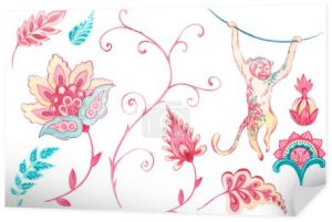 Piękny zestaw z akwarelowymi elementami kwiatowymi i małpą malowaną w starym tradycyjnym tureckim stylu. Ilustracja sztuki magazyn.