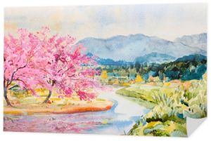 Akwarela krajobraz malarstwo dziki himalajski wiśnia riverside i górski las z tle nieba, w przyrodzie piękno wiosna sezon. Malowany impresjonista, ilustracja obrazu