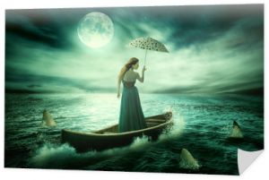 Młoda samotna kobieta z parasolem dryfującym na łodzi po burzy w otoczeniu rekinów