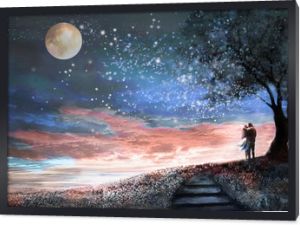 Ilustracja fantasy z nocnym niebem i drogą mleczną, księżyc gwiazd. kobieta i mężczyzna pod drzewem patrząc na kosmiczny krajobraz. kwiecista łąka i schody. Obraz.