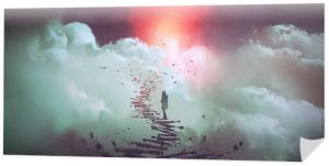 młoda kobieta stojąca na połamanych schodach prowadzących do nieba, cyfrowy styl artystyczny, malarstwo ilustracyjne