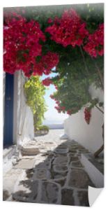 Zdjęcie pięknego kwiatu bugenwilli o niesamowitych kolorach na malowniczej greckiej wyspie z ciemnoniebieskimi falami