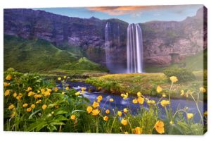 Niesamowity zachód słońca na Seljalandsfoss. Jeden z najpiękniejszych wodospadów na Islandii w Europie. Popularna i znana atrakcja turystyczna letnie wakacje w południowej Islandii. Pocztówka z podróży.