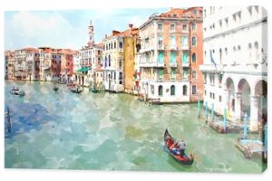 Streszczenie akwarela cyfrowy generowany obraz głównego kanału wodnego, domów i gondoli w Wenecji, Włochy.