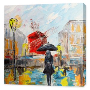 obraz olejny, kobieta z parasolką w pobliżu Moulin Rouge, spacer po Paryżu, grafika na płótnie