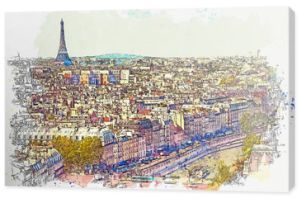 Szkic akwarela lub ilustracja piękny widok na Paryż we Francji. Pejzaż miejski lub panoramę miasta