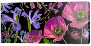 trzy maki, irysy i inne kwiaty na czarnym tle obraz sztuki botanicznej
