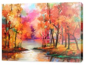 Obraz olejny kolorowe jesienne drzewa. Semi abstrakcyjny obraz lasu, drzew osiki z żółto - czerwonym liściem i jeziorem. Jesień, jesień sezon natura tło. Ręcznie malowany impresjonista, krajobraz zewnętrzny