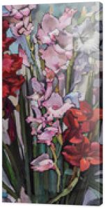 Obraz olejny martwa natura z kwiatami irysów na płótnie z teksturą w skali szarości