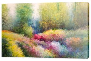 Obraz olejny na płótnie: Wiosenna łąka z kolorowymi kwiatami i Tre