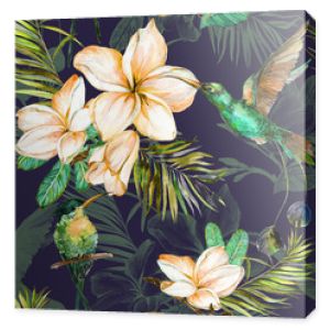 Piękne kolorowe kwiaty colibri i plumeria na ciemnym tle. Egzotyczny tropikalny wzór. Malarstwo akwarelowe. Ręcznie malowane ilustracja.