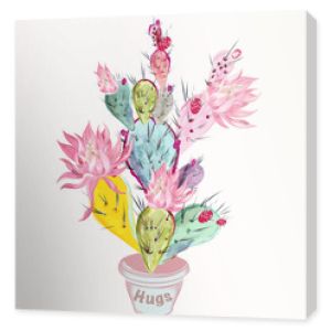 Piękna ilustracja wektorowa z różowym kwiatem kaktusa i rośliną w potter