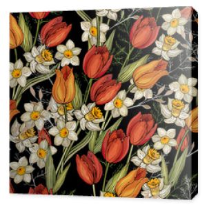 Kwiatowy wzór z kolorowych kwiatów tulipanów i żonkili, liście na czarnym tle. Ręcznie rysowane. Do tekstyliów, mody, tapet, papieru do pakowania. Czas ilustracja wektorowa.