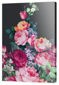 Kolorowy kwiat na ciemnym tle, kwiaty akwarela ilustracja, liście i kwiatowy，Projekt dla tekstyliów, tapet