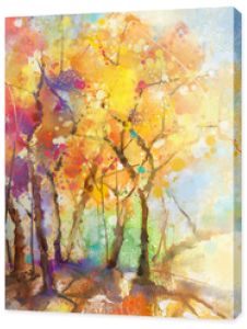 Akwarela malarstwo kolorowy krajobraz. Pół-abstrakcyjny obraz krajobraz akwarela drzewa w kolorze żółtym, pomarańczowym i czerwonym na tle błękitnego nieba. Wiosna, lato sezon natura tło akwarela