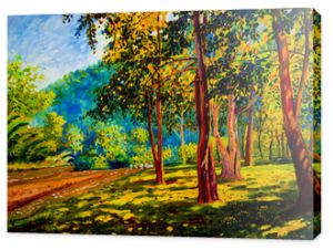 Obraz olejny pejzaż na płótnie kolorowym drzew gaden.